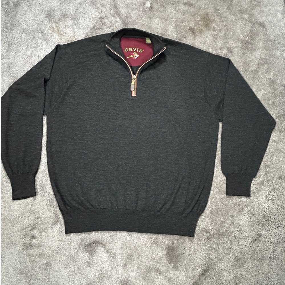 Orvis Quarter Zip Sweater Mens XL Charcoal Gray Solid 100% Merino Wool Pullover